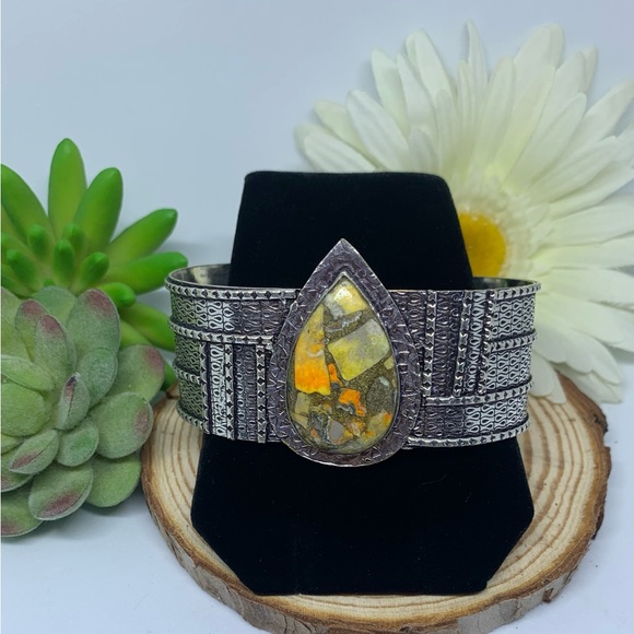 Copper Bumble Bee Jasper Silver Handmade Bangle Cuff - Picture 4 of 10